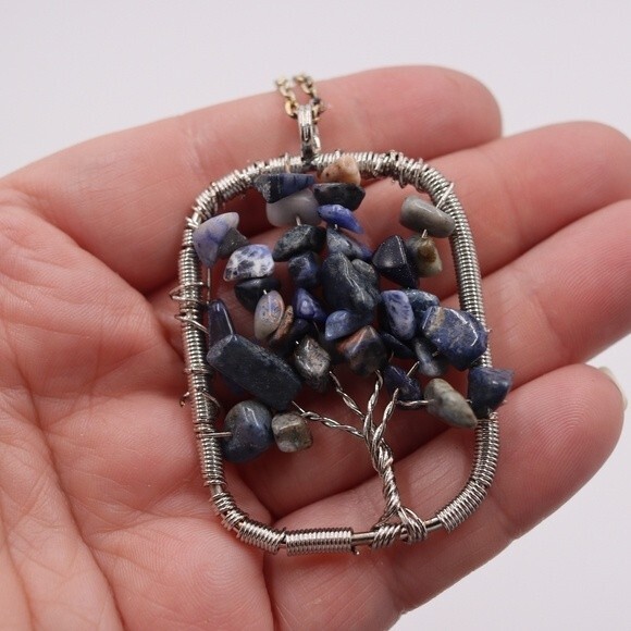 Dark Blue Stone Tree of Life Pendant Necklace Handmade Artisan Beaded Jewelry - Picture 1 of 5